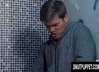 British slut Elicia Solis gets dicked in public bathroom! Cumshot on bent over babe.