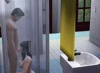 anime girl gives blowjob in crowded public toilet shower