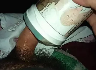 Amateur uses homemade fleshlight for intense masturbation and hard cum