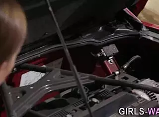 Blonde babe in heels licks mechanic's pussy intensely