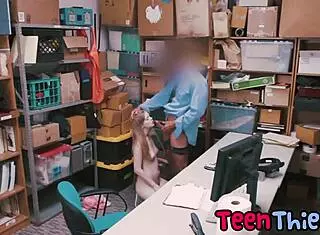 Teen thief Dolly Leigh forced to suck massive cock in office