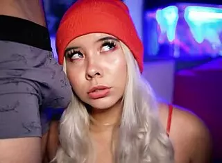 Horny blonde sucks her boyfriend's cock in public while wearing boxers