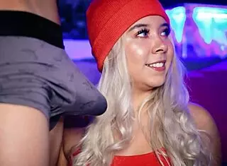 Horny blonde sucks her boyfriend's cock in public while wearing boxers