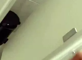 masturbating pussy in crowded gym bathroom with hard cock