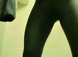 masturbating pussy in crowded gym bathroom with hard cock