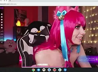 Pink Hair Cosplay Fox Flashes Perky Big Tits in Wild Hentai Show!