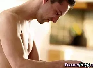 Classy european babe with small tits gets cumshot on ass after blowjob.