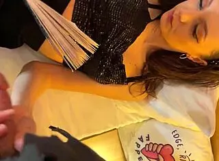 Skinny brunette babe teases cock with spit in hot POV action.