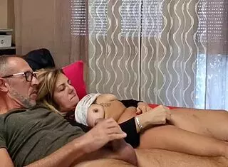 me and my wife watchin porn she masturbates with vibrator cums for 10 mins then i cum in her mouth