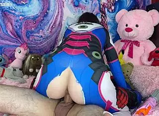 Soldier 76 in cosplay interacts suggestively with young brunette