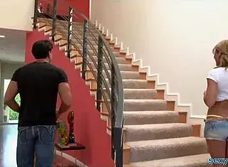 Blonde slut sucks big cock hard