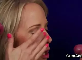 Naughty stunner gets sperm shot on her face sucking all the ejaculate