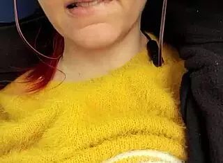 redhead touches herself on the train in public