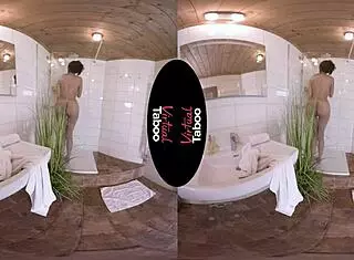 in the shower, a brunette taboo beauty masturbates to intense orgasm, bathing in pleasure