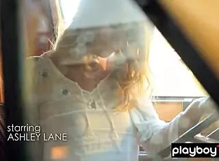 busty blonde slut strips to show pierced pussy in van