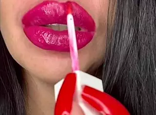 The wife performs an oral blowjob wearing pink lipstick, leading to a close-up cumshot in this sexy amateur fetish video.