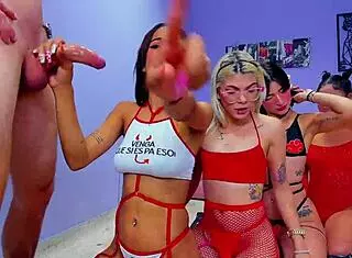 Blondes and Brunettes Suck Big Cock in Turns!