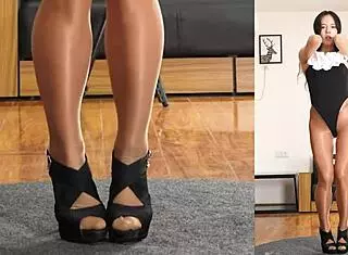 Asian girl in pantyhose and leotard practices her dance routine