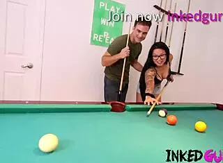 Inked asian girl gets nailed on the pool table