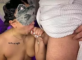 homemade cosplay girl sucks cock, gets cum in mouth with eyes closed