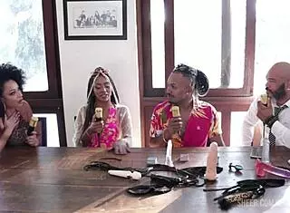 black couple heats up sensualcast evento santa in sheer red lingerie