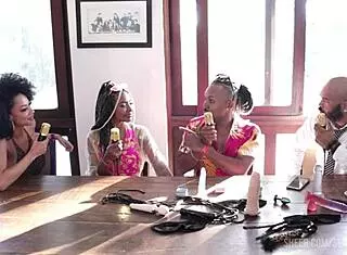 black couple heats up sensualcast evento santa in sheer red lingerie