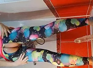 babe pees and masturbates with dildo in gym shower close up