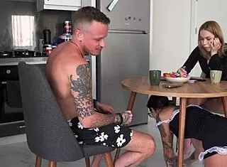 The maid was furious with the wife, so she let the husband take her anally.