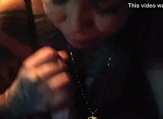 latina with tattoo giving intense blowjob, sucking deep and hard