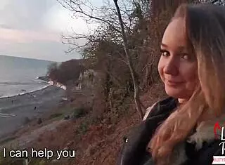 Slut Sucks Stranger's Big Dick at Sunset by Sea, Swallowing Cum!