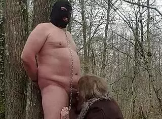 Emotional submission of my slave in the forest, feeling the power
