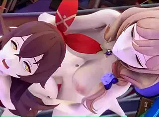 Lisa Fucks Amber in Futanari Style with Genshin Impact Sounds, Bent Over and Cumming