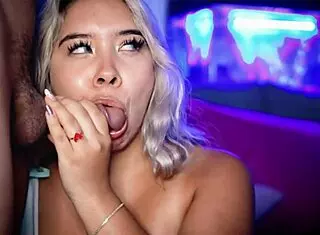 Beautiful horny blonde demonstrates cock sucking on webcam