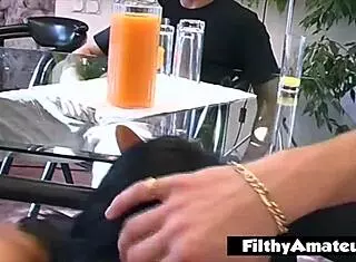 A stunning young brunette takes on two guys in wild group action