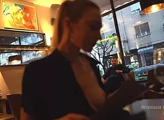 Topless Boobs Flash in Public Cafe
