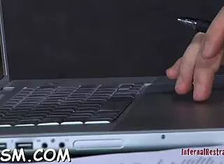 Bound chick gets shocking prod on tits and shaved pussy