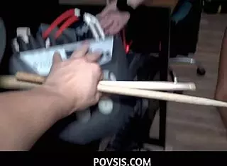 In this povsis video, the stepbrother plays drums while groping his stepsister's big ass