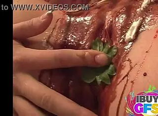 Jamie Spice and lesbian friend licking pussy with cream and strawberry, so hot!