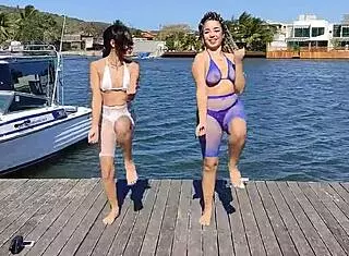 Brunette milf dances with big tits, leading to oral and cumshot with friend