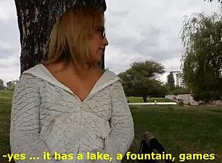 Blonde flashes small tits and shaved pussy outdoors for cash