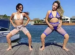 Brunette milf dances with big tits, leading to oral and cumshot with friend