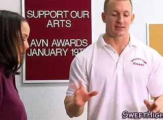 Teen brunette fucks coach.