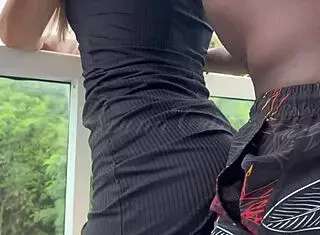 We snuck to the balcony for a quickie, but security caught us. Inside, the huge guy pounded me hard!