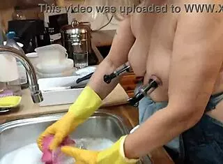 Hey, it's just a normal day at home, but my housewife is playing with her nipples