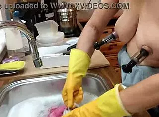 Hey, it's just a normal day at home, but my housewife is playing with her nipples