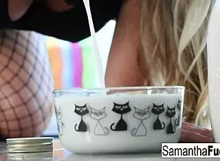 I watch Samantha masturbate in her milk bath, touching her big tits