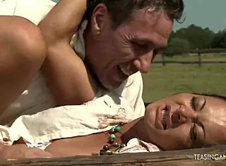 Kinky brunette girl moans while getting her ass fucked outdoors