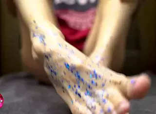 Glitter Girl's Cute Footjob on Big Dildo Feels Amazing