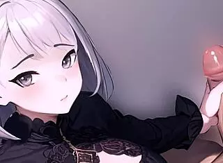 Anime girl jerks off a big cock in POV view