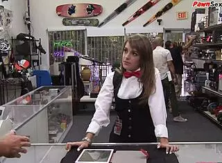 Petite pawnshop girl throatfucked for cash
